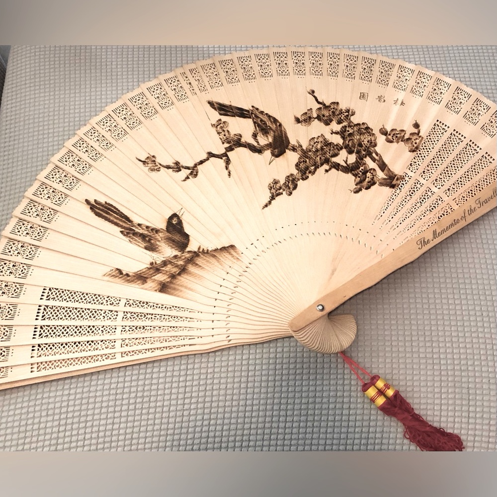 Vintage Hand carved heat engraved wood Large Wall Decor Fan (New)